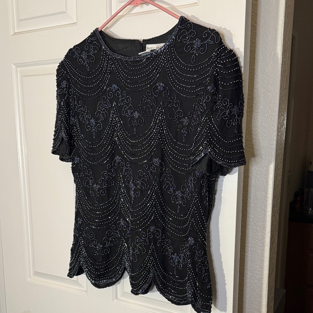 Papell Boutique Black and Silver Beaded Blouse
